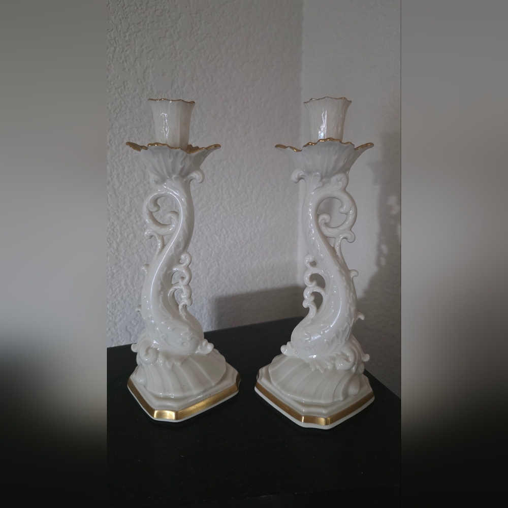 Lenox Cream and Gold Dolphin Candle Holders
